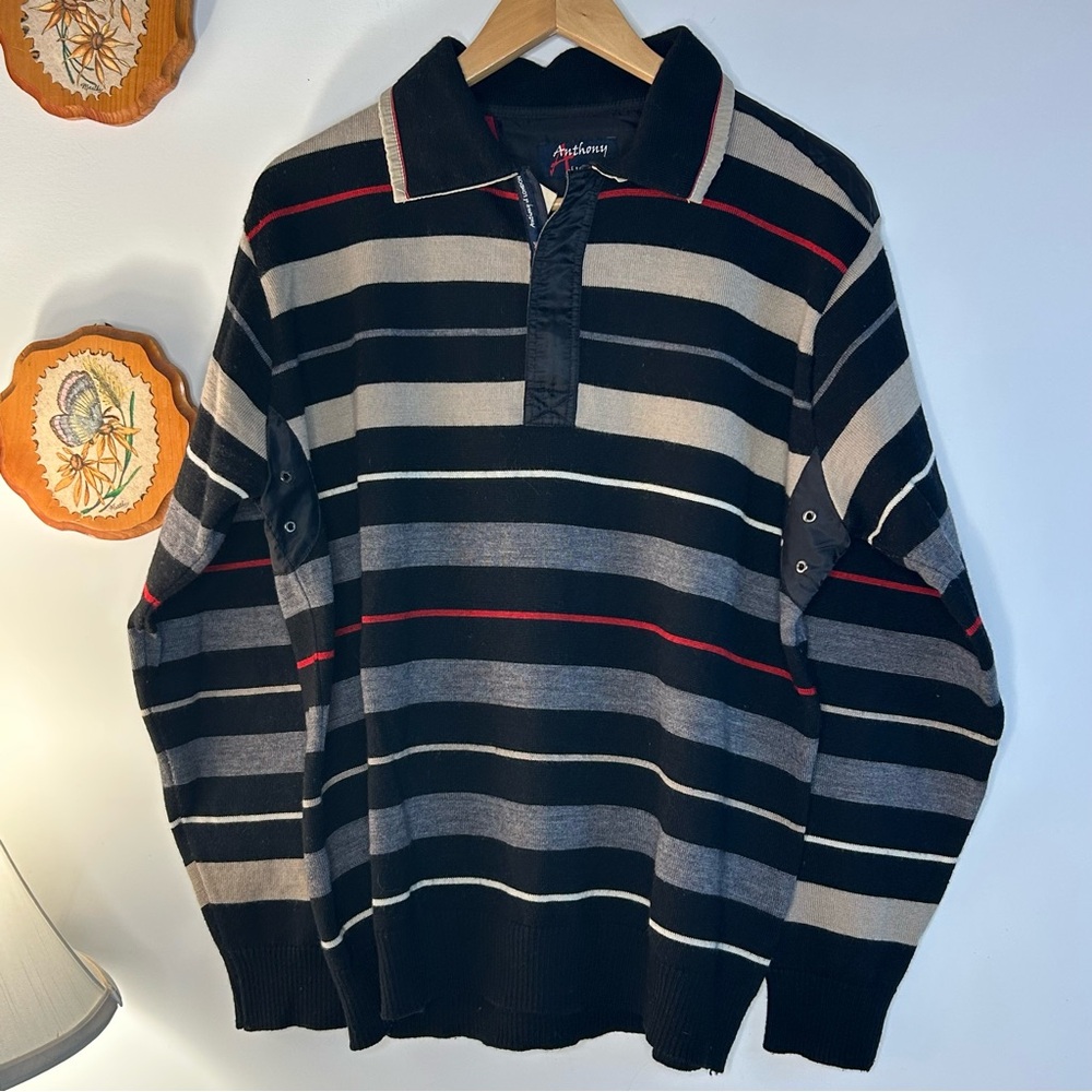 Men's Polo Sweater - Black, Gray, Red Stripes